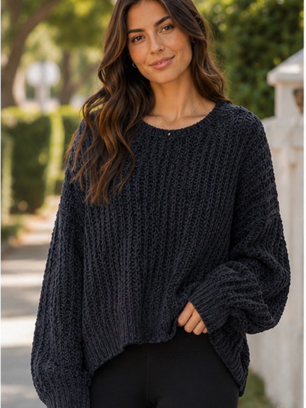POL Blue Grey Oversized Chenille Knit V-Neck Sweater – Size L